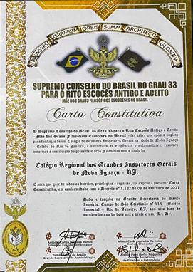 Carta Constitutiva do Colégio Regional dos Grandes Inspetores Gerais de Nova Iguaçu - RJ - Mestre Hiram